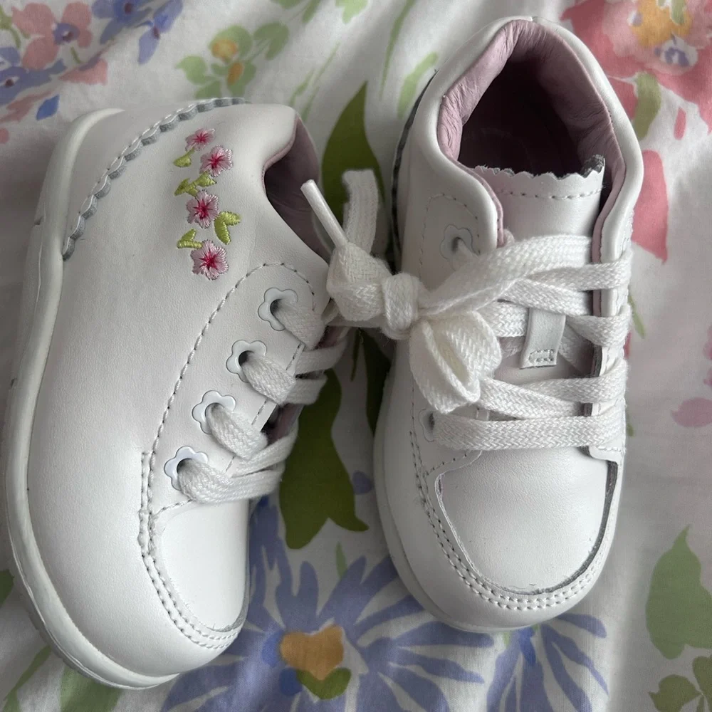 Stride Rite White Sneakers with Pink Floral Embroidery